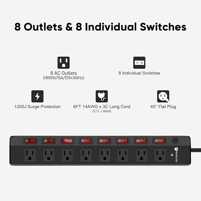 3PCS 8 Outlet Heavy Duty Power Strip with 8 Individual Switches,Moutable Metal Power Strip Surge Protector 1200 Joules,6FT 14AWG Extension Cord,15A 1800W 125V 60Hz