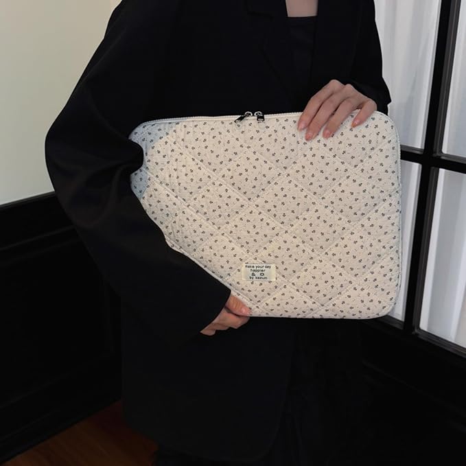 Puffy Laptop Sleeve 13-15.6 Inch Corduroy Quilted Laptop Protective Case Cute Floral Computer Sleeve Protective for MacBook (Cream Ditsy, 15.6 Inch)