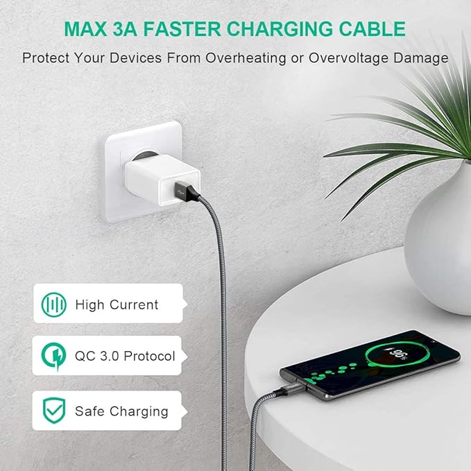 etguuds USB to USB C Cable 2ft, 2-Pack USB A to Type C Charger Cord Fast Charging for Samsung Galaxy A17 A16 A15 A26 A36 A56, S25 S24 S23 S22 S21 S20 S10 Note 20, for iPhone 17 16 15, Moto, Gray