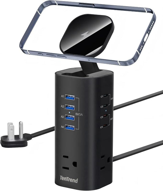 TenTrend Power Strip Tower Surge Protector, 115W Fast Charging Station with 3AC Outlets & 8 USB Ports (4 USB-C), 5FT Extension Cord Flat Plug for Home, Office, Dorm Room