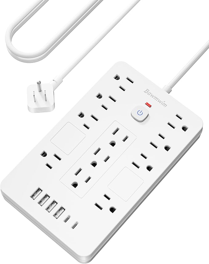 Surge Protector Power Strip - 11 Outlets(1850W/15A/14AWG) with 6 USB Ports(2 USB C), 10FT Flat Plug Extension Cord, Wall Mount, White, ETL Listed for Home, Dorm Room