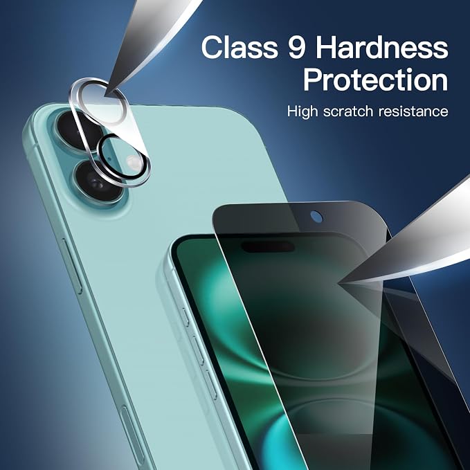 NEW'C 3x Privacy for iPhone 16 Plus Screen Protector (6.7 inches)+ 3x Camera Lens Protector, Sensor Protection, Case Friendly Tempered Glass Film + Dust Plug - Easy installation tool included