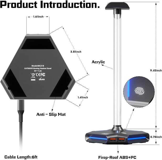 RGB Headphone Stand with 2 USB Ports & Extension Cord, Gaming Headset Holder for Desktop, PC Gaming Accessories, Gifts for Teen Boys, Men, Boyfriend, Gaming Setup Organizer