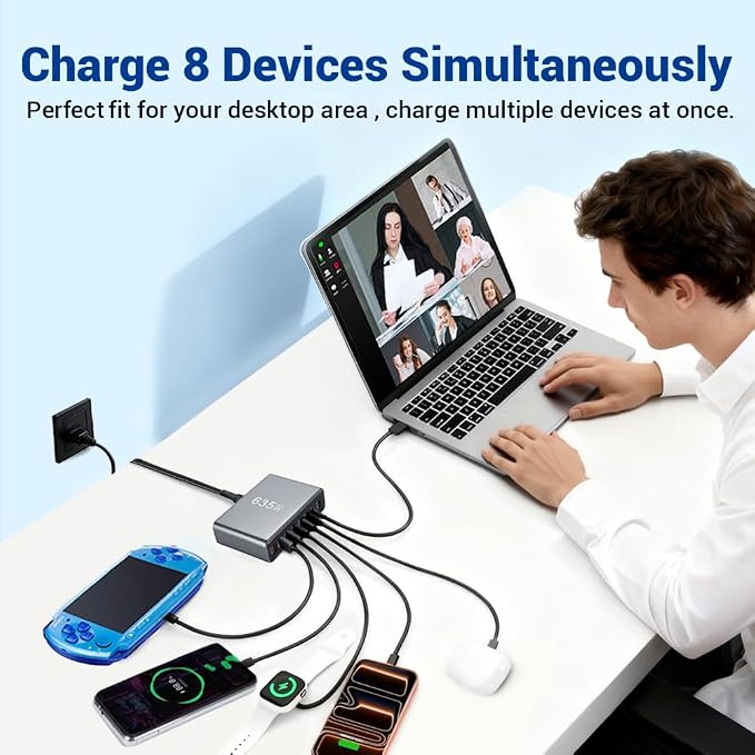 635W GaN Super Fast Charging Station for Multiple Devices, 8-Port USB C Charging Station with PD3.1 140W & QC4.0, 5 USB-C + 3 USB-A Desktop Charger for MacBook, iPhone, iPad, Laptop, Tablet