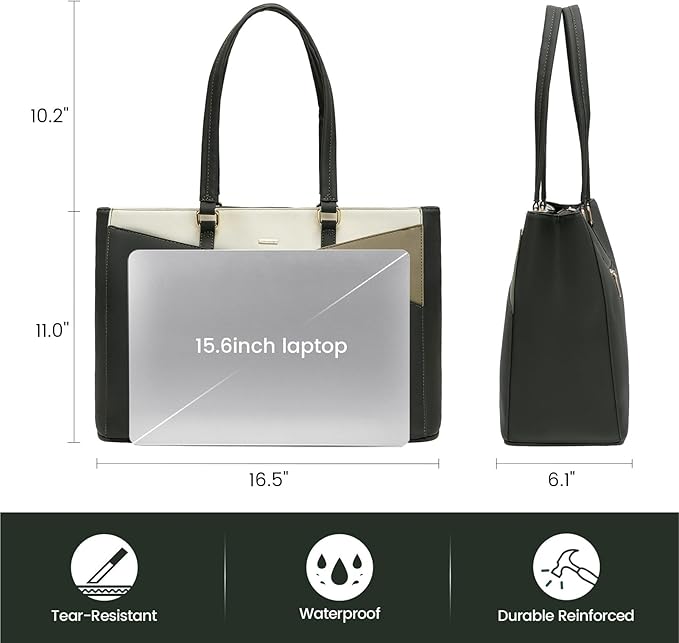 LOVEVOOK Laptop Bag for Women, 15.6 inch Laptop Tote Work Teacher Bags Cancas Computer Shoulder Bag,Dark Green/Olive green/Off white