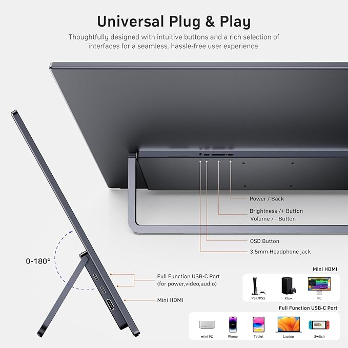 MNN 23.8'' Portable Monitor 100Hz 1080P IPS, Ultra Slim Metal Body with Built-in Kickstand & Dual Speakers, USB-C HDMI External Display for Laptop PC Phone PS5 Xbox Switch, Home Office Gaming Monitor