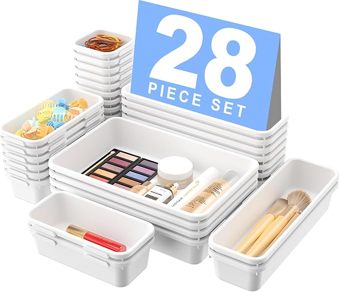 A-LuGei 【Military Grade Drawer Organizer, 【𝟱𝗦𝗶𝘇𝗲】 Makeup organizer, 【Holds 177 Items】 Bathroom Organizers and Storage, Organization and Storage, Desk Drawer Organizer for Vanity (White)