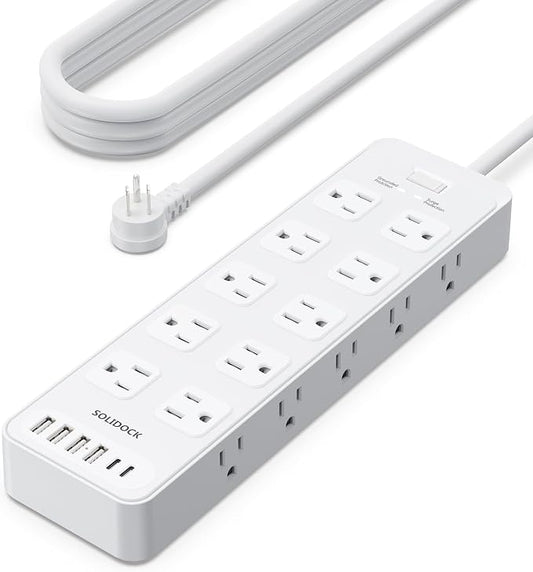 Power Strip Surge Protector Flat Plug with 20 AC Outlets 6 USB Chagring Ports, 1875W/15A, 2700J, 10 Ft Heavy Duty Extension Cord for Home, Office, Dorm, Gaming,ETL Listed (White, 10FT)