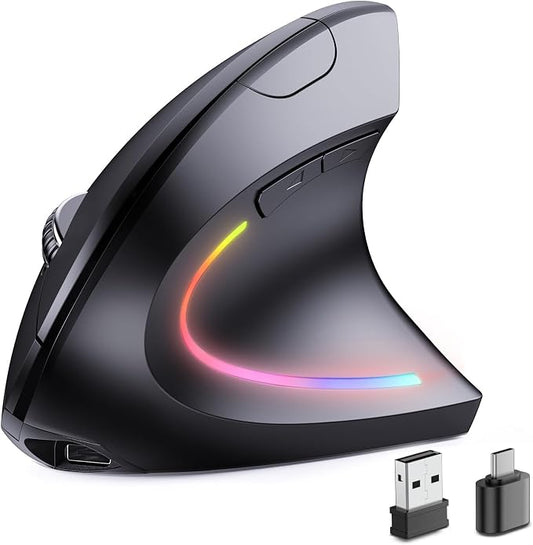 JYKEYMOUT Bluetooth+USB A+USB C(3 in 1)Rechargeable Ergonomic Mouse, Wireless Vertical Design, 5 Adjustable Levels Up to 4800 DPI, 2.4G Carpal Tunnel Silent Mice for PC,Laptop,MacBook,Chromebook-Black