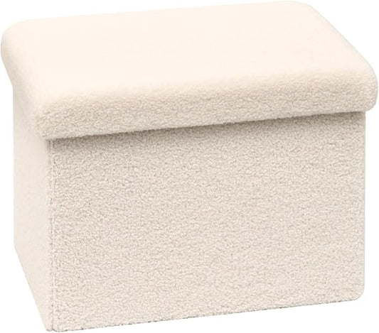 PINPLUS Storage Ottoman Cube Ottoman Foot Rest,Small Foldable Portable Boucle Upholstered Sherpa Ottomans, Faux Teddy Fur, White 16.5"x12.6"x12.6"
