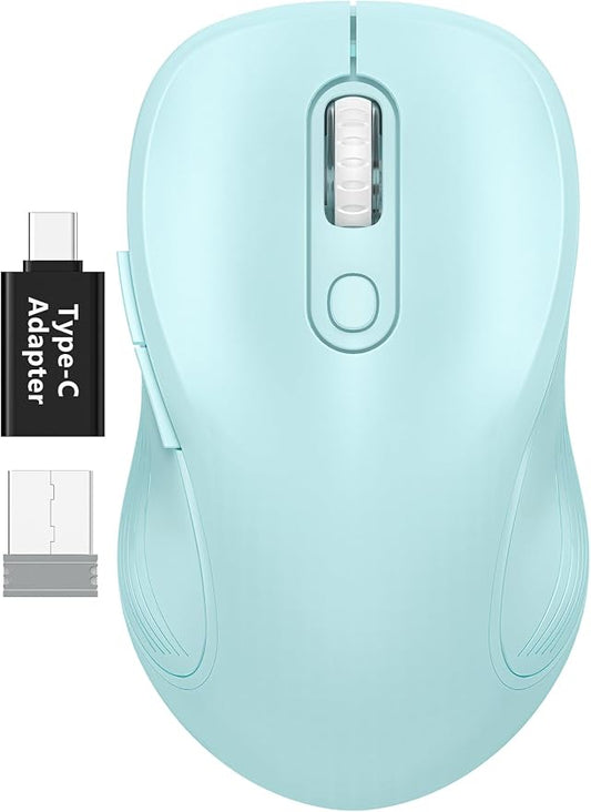 WisFox 2.4G Wireless Mouse for Laptop, Ergonomic Computer Mouse with USB Receiver and Type-C Adapter, 3 Adjustable Levels DPI, 6 Button Cordless Wireless Mice (Baby Blue)