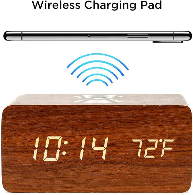 OCT17 Alarm Clock with Qi Wireless Charging Pad Compatible with iPhone Samsung Wood LED Digital Clock Sound Control Function, Time Date, Temperature Display for Bedroom Office Home- Brown