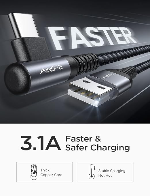 AINOPE USB to USB C Cable [2-Pack, 6.6ft] 3.1A Fast Charger Type C Right Angle, Resistant Nylon Braided C Type Charging Cable Compatible with Galaxy S10 S9 Plus S21, Note 10 9 LG, Type C Charger