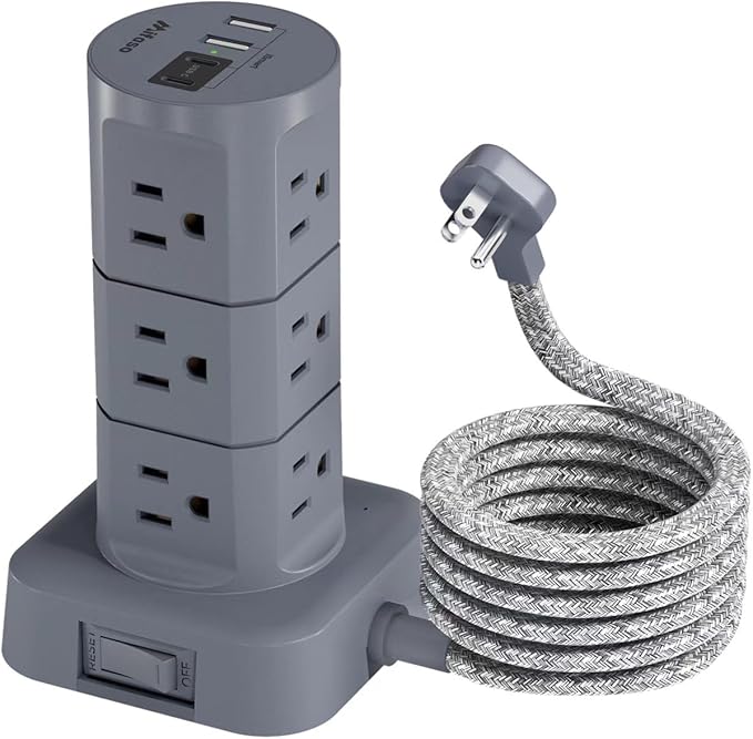 Charging Station Tower, Power Strips with Surge Protection, Flat Plug, 12 Outlets 4 USB Ports, 1875W/15A 1080J 6Ft Extension Cord with Multiple Outlets, Office Desk Supplies, Dorm Essentials, Gray