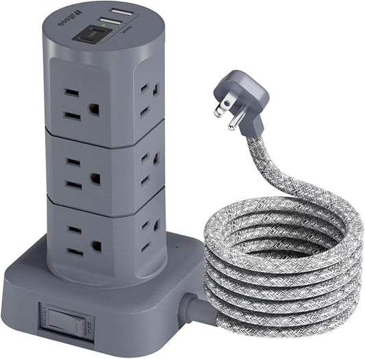 Charging Station Tower, Power Strips with Surge Protection, Flat Plug, 12 Outlets 4 USB Ports, 1875W/15A 1080J 6Ft Extension Cord with Multiple Outlets, Office Desk Supplies, Dorm Essentials, Gray