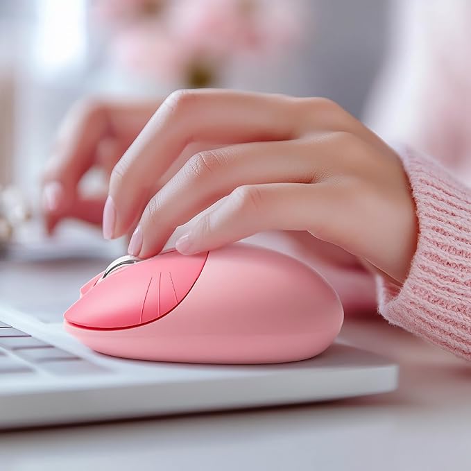 Lomiluskr Cute Cat Wireless Mouse, Lightweight Soundless Mice, 2.4G Wireless Mice, Candy Colors, Kawaii Mouse for Girls and Kids (Pink)