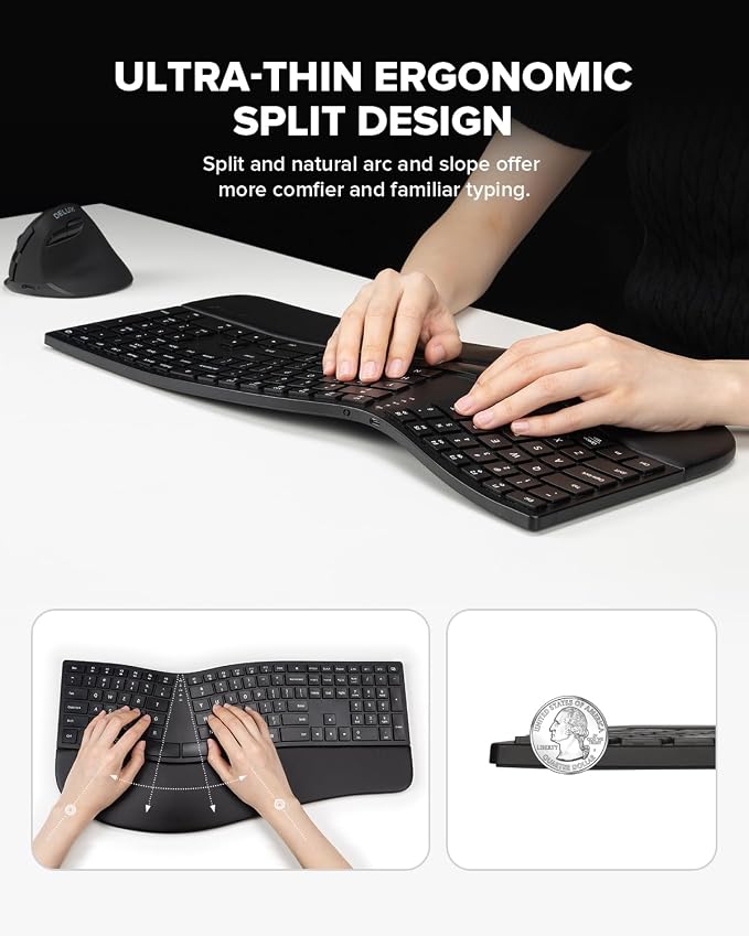 DELUX Full Size Ergonomic Split Keyboard and Wireless Vertical Mouse Combo, GM909 Wireless Split Keyboard and M618MINI Small Silent Vertical Mouse (GM909-M618MINI Gray)