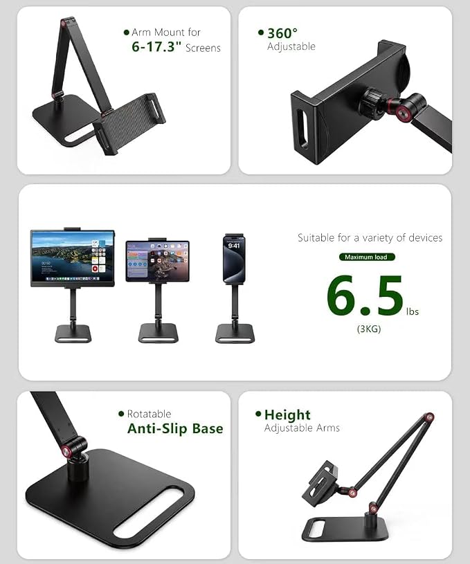 Portable Monitor Stand for Desk, Extra Tall Adjustable Tablet Holder (Max 40cm-17 Height), Aluminum 360° Swivel Arm Mount for 6-17" Screens, Fits 12.9 inch iPad Pro/16 inch Portable Displays