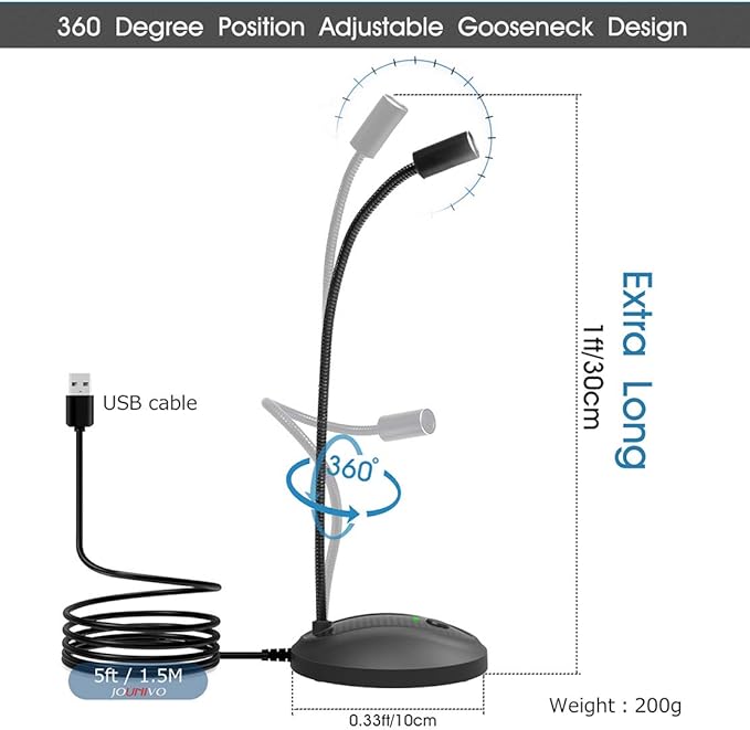 USB Microphone, 360 Degree Adjustable Gooseneck Design, Mute Button & LED Indicator, Noise-Canceling Technology, Plug & Play, Compatible with Windows & MacOS