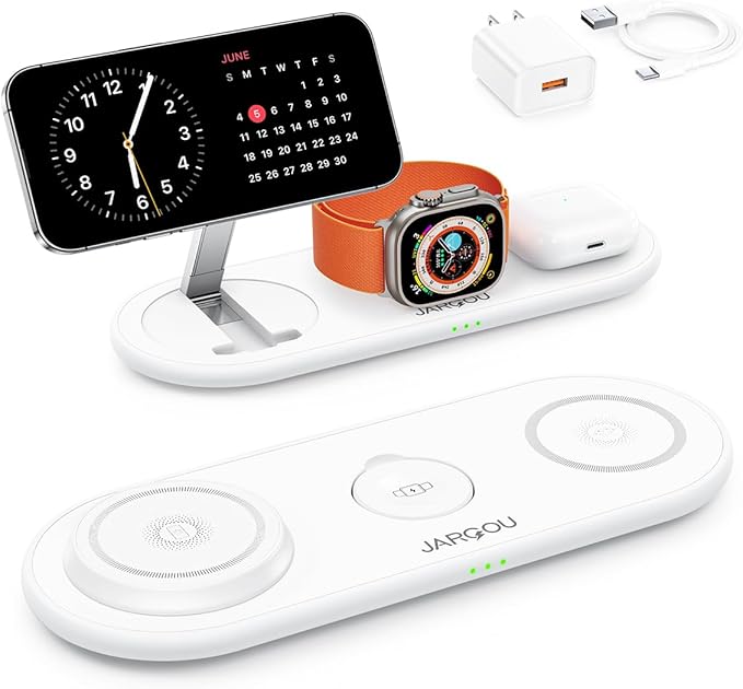 JARGOU Foldable Wireless Charger for iPhone with Magsafe Charger Stand, Fast Magnetic Phone and Watch Charger Station for iPhone 17 Air 16 15 14 13 12, for Apple Watch Charger, for AirPods (White)