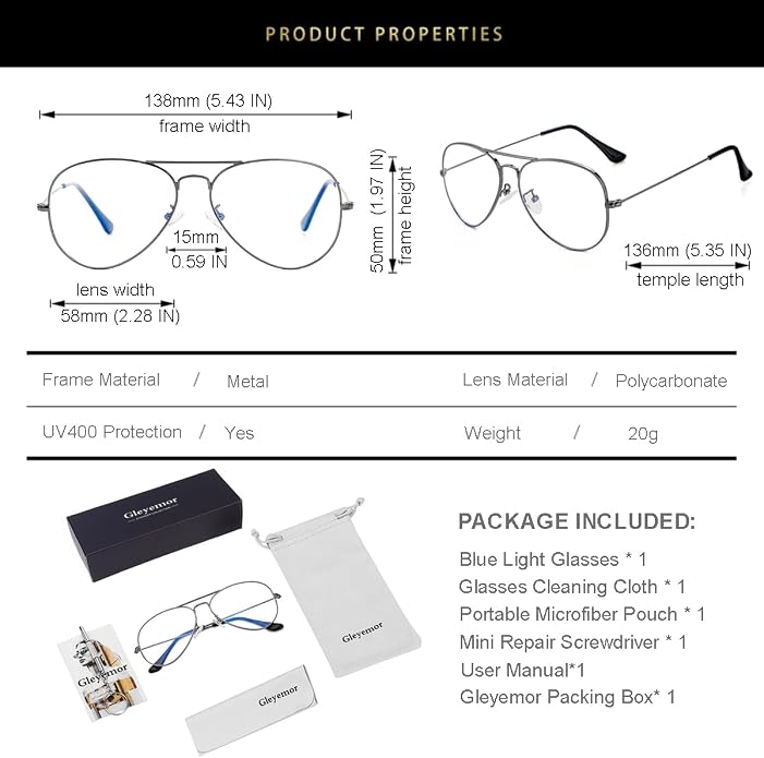 Gleyemor Blue Light Aviator Glasses for Women Men, Metal Frame Anti Blue Light Lens Computer Glasses