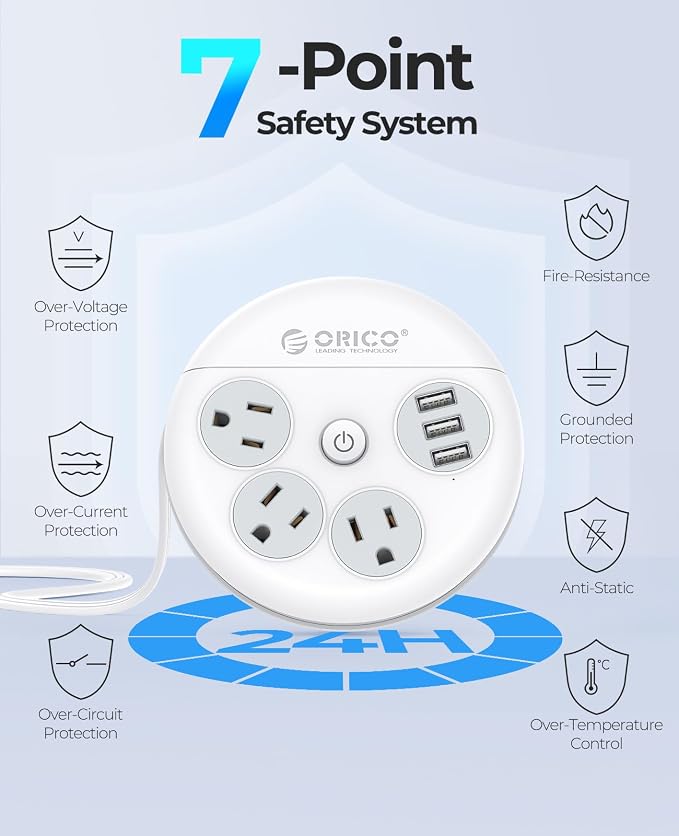 Flat Extension Cord 10 ft, ORICO Round Power Strip with 3 USB Ports and 3 Outlets, Long Extension Cord Flat Plug Outlet Extender, Cruise Power Strip Cruise Approved Travel Essential - White