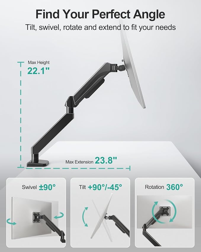 MOUNT PRO Ultrawide Single Monitor Arm for 22"- 42" Screens, Monitor Desk Mount Stand Holds up to 33 lbs, Heavy Duty Fully Adjustable Gas Spring Desk Mount, VESA Mount with Clamp/Grommet Base