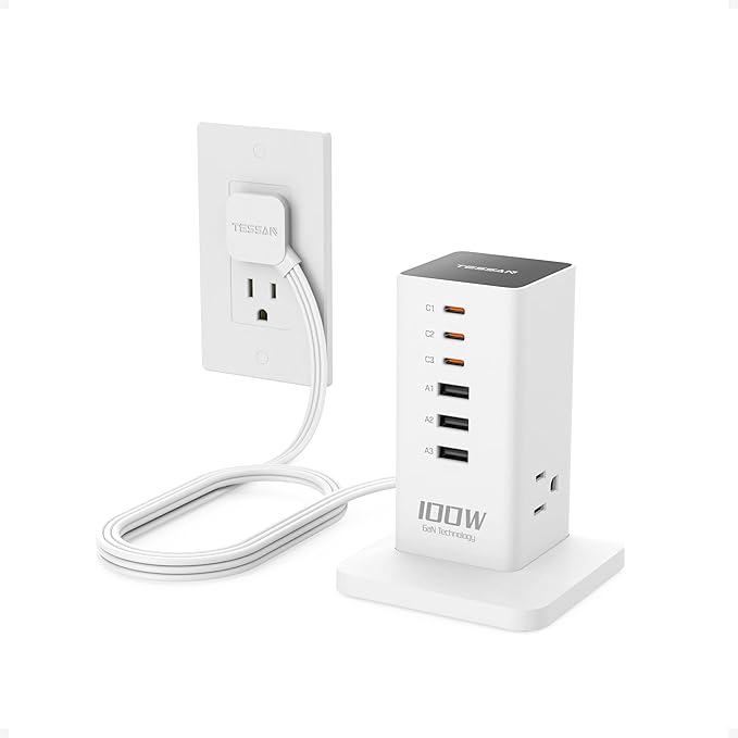 Charging Station for Multiple Devices, TESSAN 9-in-1 USB C Power Strip for iPhone 17/16/15, MacBook, Tablet, Desktop Phone Fast Charger with 3 AC, USB Charger, Home Drom Office Accessories, White-100W