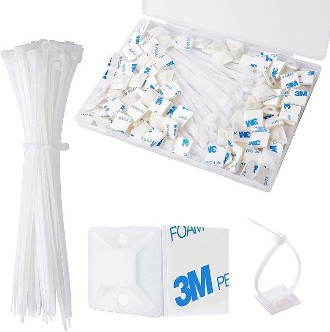 Strong Back-Glue Self Adhesive Cable Zip Tie Mounts Kit - 100 Set Cable Management Clips with 6" Zip Ties, Wire Holders - Outdoor Sticky Wire Organizer Clips - White