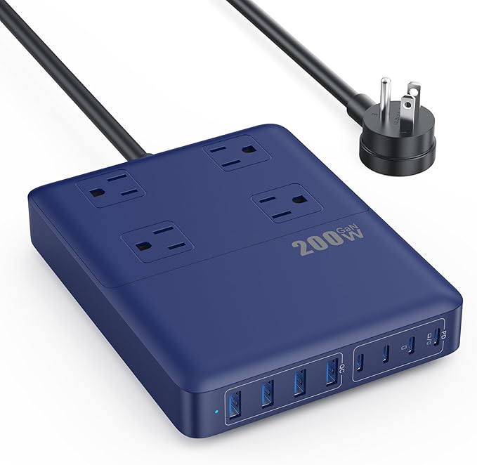 200W Charging Station,12-in-1 USB C Power Strip with Flat Plug and 5ft Extension Cord,4 AC Outlets,4 USB-A,4 USB-C Ports for iPhone 17/16/15,65W PD Fast Laptop Charger for MacBook,Home,Office (Blue)
