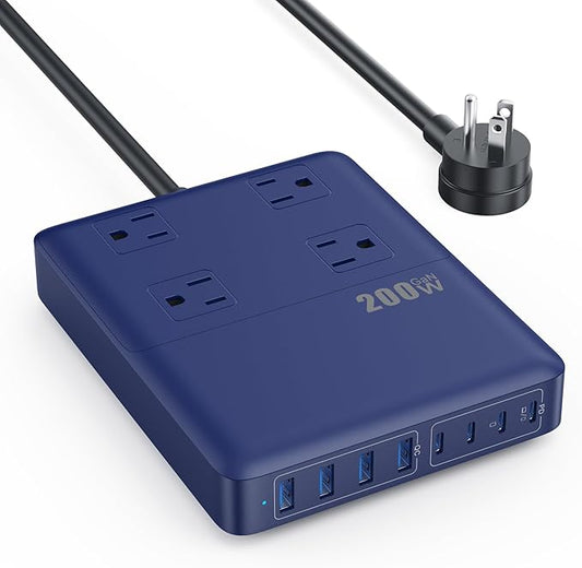 200W Charging Station,12-in-1 USB C Power Strip with Flat Plug and 5ft Extension Cord,4 AC Outlets,4 USB-A,4 USB-C Ports for iPhone 17/16/15,65W PD Fast Laptop Charger for MacBook,Home,Office (Blue)