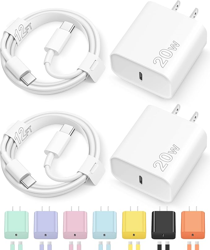 12FT iPhone 17 16 15 Charger Fast Charging USB C Charger Block Type C Chagrer Fast Charging 2-Pack for iPhone 17/17 Plus/17 Pro/17 Pro Max/iPhone 16/16 Plus/16 Pro/16 Pro Max/15 Pro Max/Samsung(White)