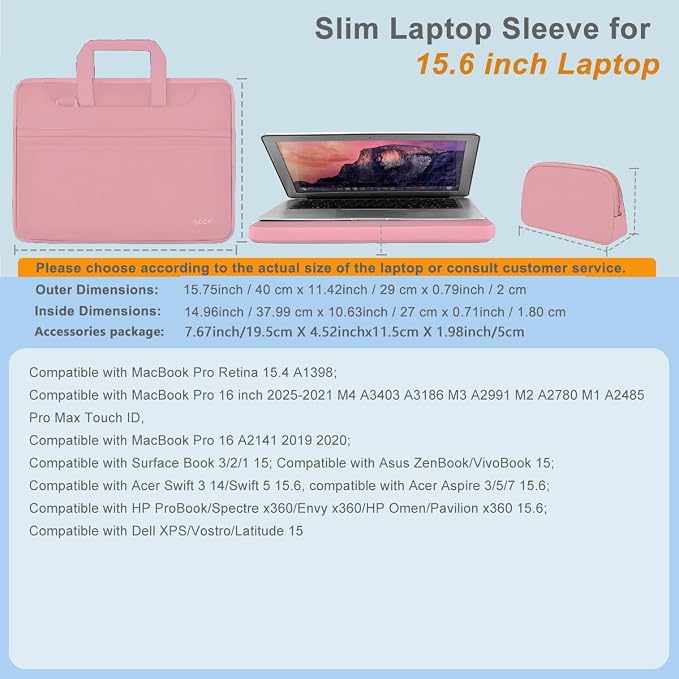 Hseok Laptop Shoulder Bag 15.6-16 inch Case,Water-Resistant Shockproof Computer Handbag with Small Case Compatible with MacBook Pro/Neo 16",Mac Air 15 M5, XPS 15/16 and most 15.6-16 PC,Pink