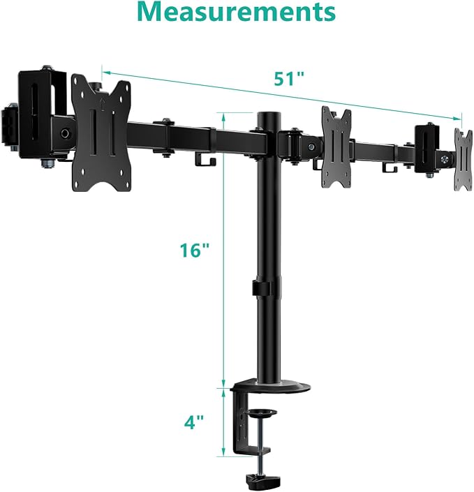 WALI Triple Monitor Mount, Heavy Duty Triple Monitors Stand up to 27 inch Screens, Adjustable 3 Monitor Desk Mount with Swivel, Tilt, Rotation, Clamp & Grommet Base Kit (M003SN), Black