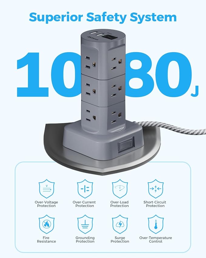 Charging Station Tower, Power Strips with Surge Protection, Flat Plug, 12 Outlets 4 USB Ports, 1875W/15A 1080J 6Ft Extension Cord with Multiple Outlets, Office Desk Supplies, Dorm Essentials, Gray