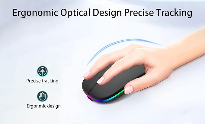 AIKOKOK Wireless Bluetooth Mouse, Rechargeable, Dual Mode Bluetooth 5.2 & 2.4G USB, LED Lights, Slim, Silent, Portable Computer Mouse for Laptop, PC, MacBook, iPad, Tablet (Black)