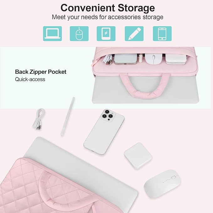 Laptop Case 13.3 inch,13-13.3 inch Puffy Laptop Sleeve Bag Compatible with MacBook Neo 13/Air 13 13.6/Pro 13/Pro 14,Square Quilted Bag with Vertical&Back Horizontal Pockets&Handle&Belt, Pink