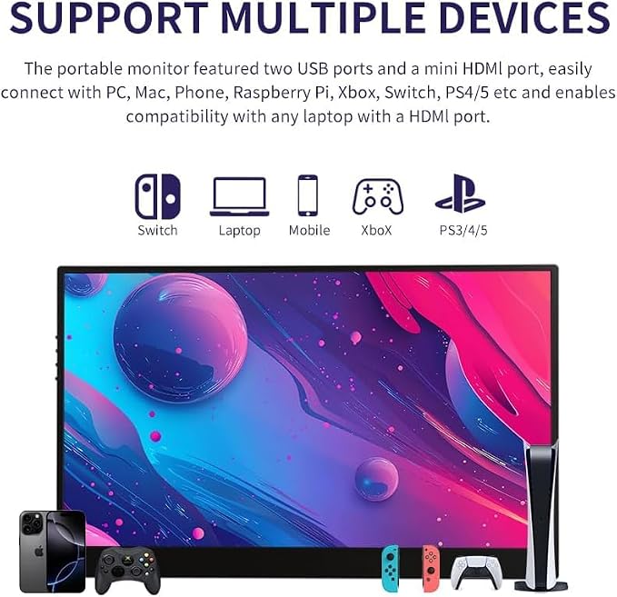 QQU 15.6 Inch Wireless Portable Monitor, HDR Eye Careful Gaming Monitor, FHD IPS/HDR Computer Screen Extender with Built-in Speakers, Compatible with Laptop PC Phone PS4/PS5 Switch