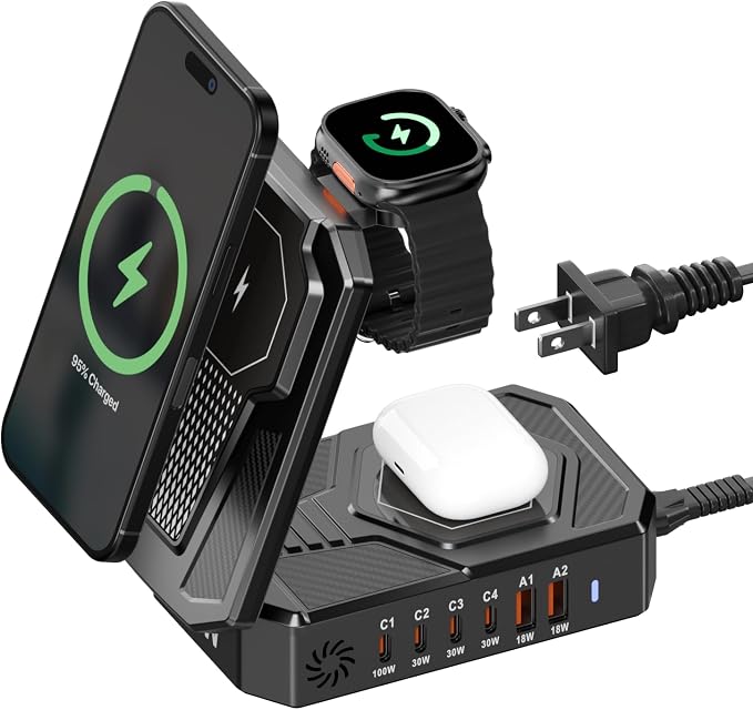 250W Charging Station for Multiple Devices Apple, Foldable 9‑in‑1 Wireless Charger for iPhone, iWatch, USB‑C PD100W Fast Charging Stand Dock for MacBook Air & Pro (Wireless Charging Only for Apple)