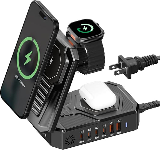 250W Charging Station for Multiple Devices Apple, Foldable 9‑in‑1 Wireless Charger for iPhone, iWatch, USB‑C PD100W Fast Charging Stand Dock for MacBook Air & Pro (Wireless Charging Only for Apple)