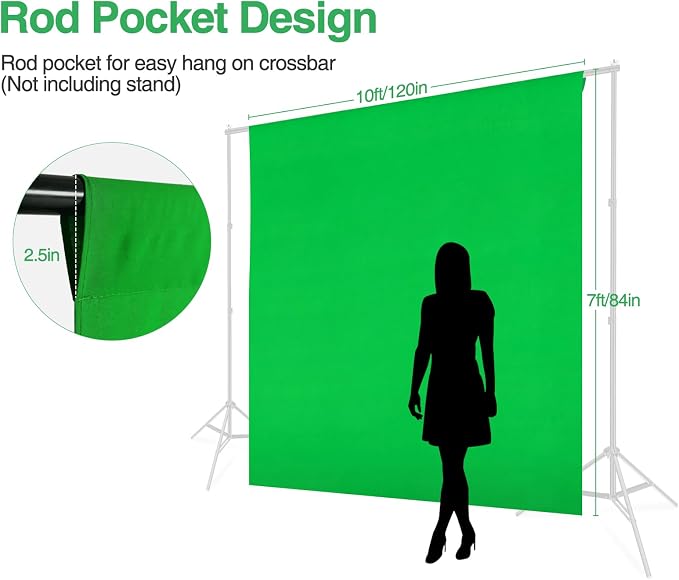 Green Screen Backdrop, 10x7ft (WxH) Photography Chromakey Greenscreen Background Sheet, Polyester Collapsible Green Backdrop Curtain for Streaming, Meeting, Photo Studio, Video Recording