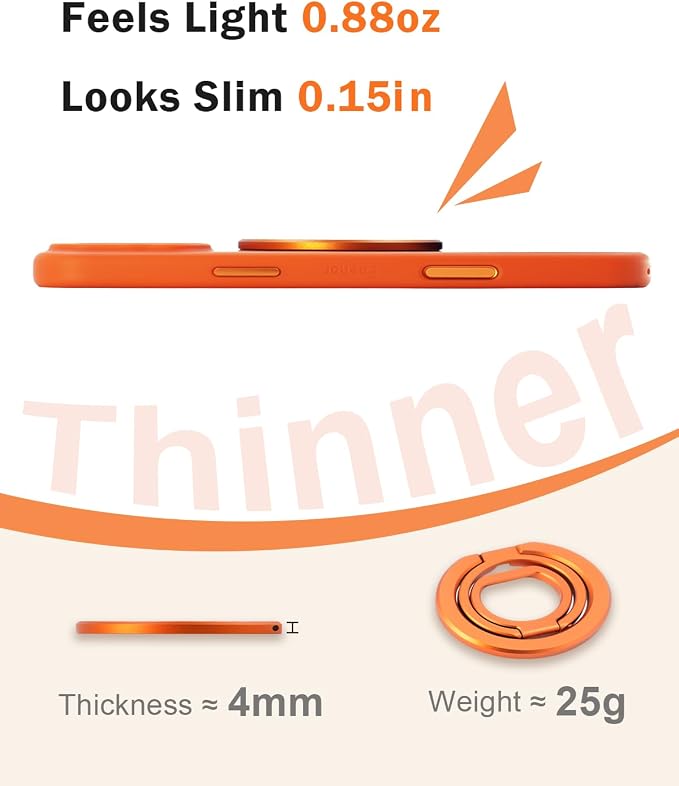 Phone Ring Holder for MagSafe,360°Rotation Magnetic Phone Grip Ultra-Thin & Lightweight Kickstand for iPhone 17/16/15/14/13/12 Series Orange
