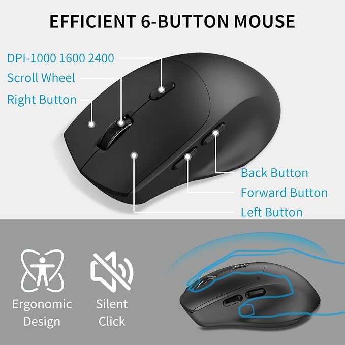 Wireless Keyboard and Mouse Combo, Silent Full-Size Computer Keyboard with Calculator Button, 2400 DPI Ergonomic Mouse, Quiet Click, USB Cordless Mice Set for Laptop PC Windows Mac - Black & Grey