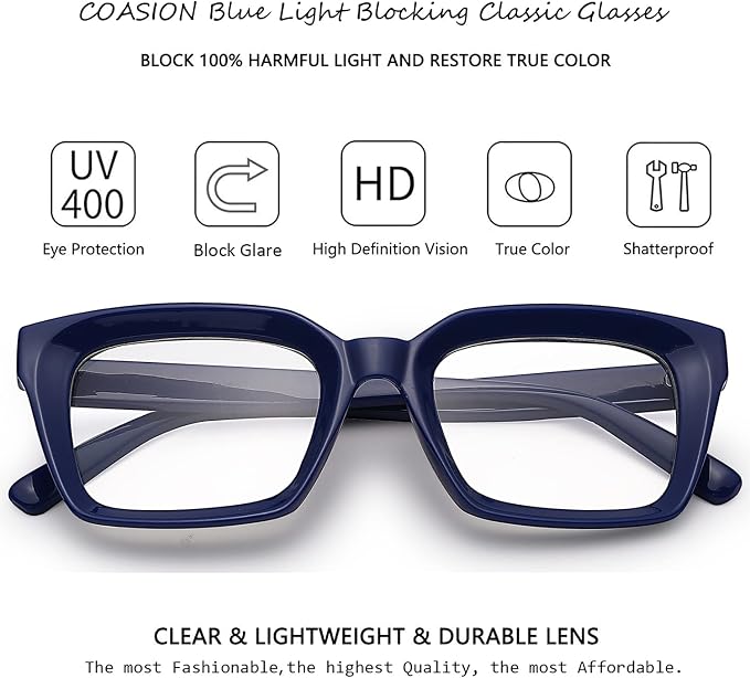 COASION Blue Light Blocking Eyeglasses Classic Thick Square Rim Frame Eyewear for Women Men
