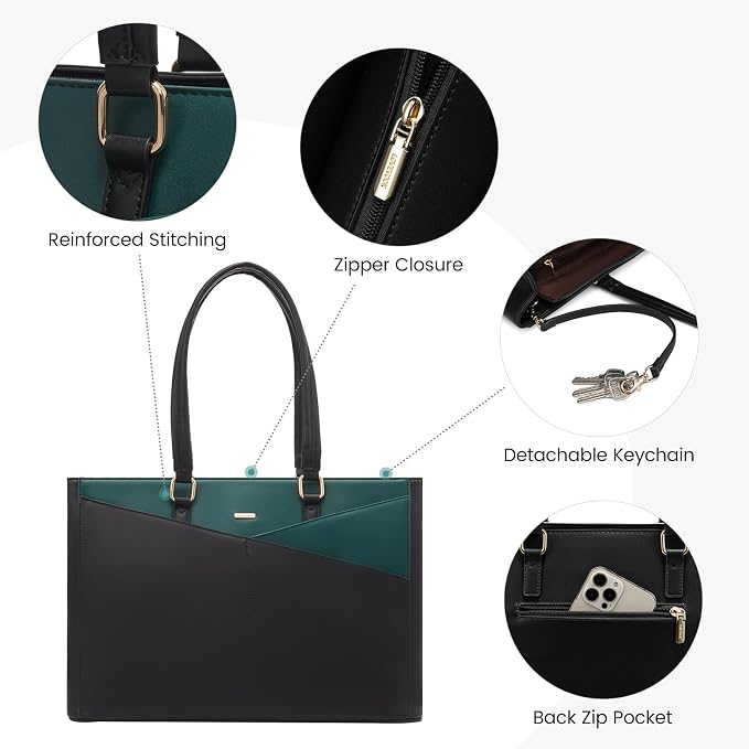 LOVEVOOK Laptop Bag for Women 15.6 Inch Tote Bags Waterproof Leather Briefcase Computer Women Business Office Work Bag,Black/Green