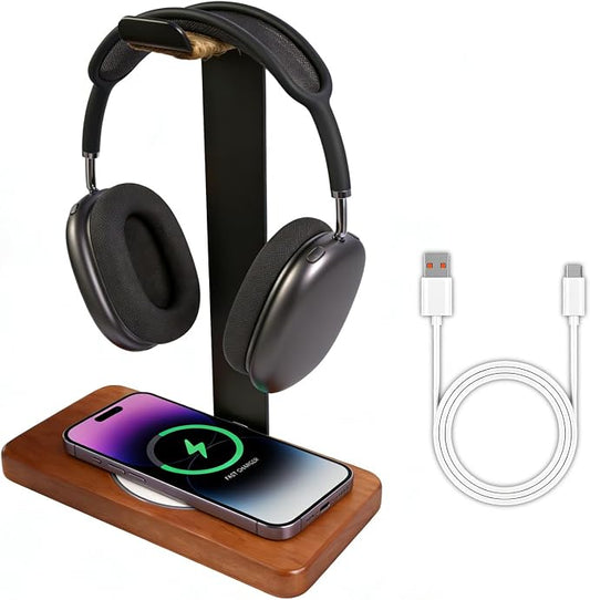 Handmade Wood Headset Stand with 15W Wireless Charging Pad- QI Wireless Charging Dock Compatible with iPhone 17/16/15/14 /Samsung Series,2-in-1 Universal Holder for All Table Headphones