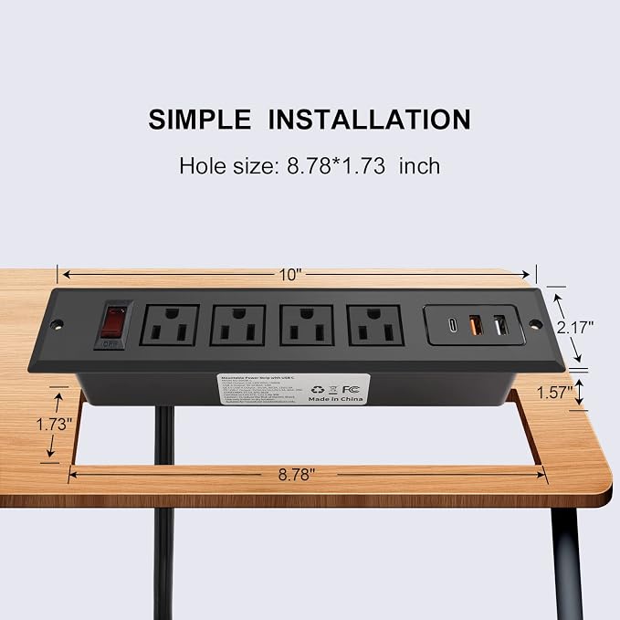 20W Mountable Power Strip USB C Recessed Power Strip USB-C Fast Charge 4 Outlet 3 USB Multiple Protection Built in Conference Desk Counter Workbench for PC Home Electric Appliance (USB C Black)