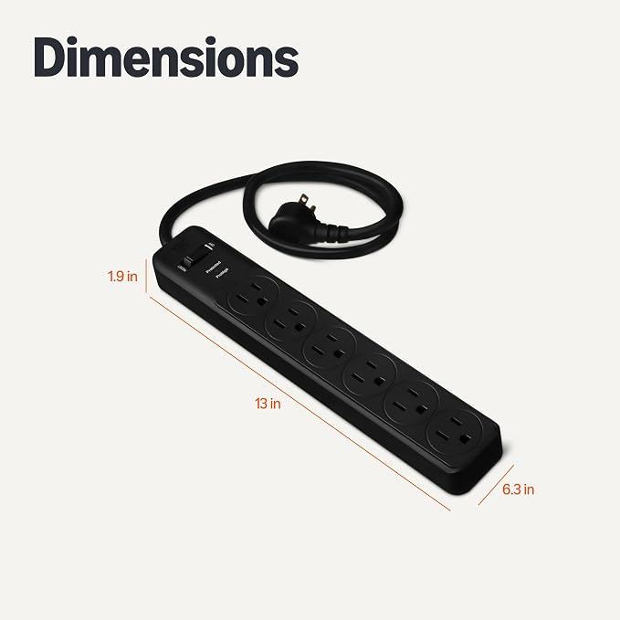 Amazon Basics Rectangle 6-Outlet Surge Protector Power Strip with Circuit Breaker, 600 Joule, 2ft Cord, Black, 2-Pack