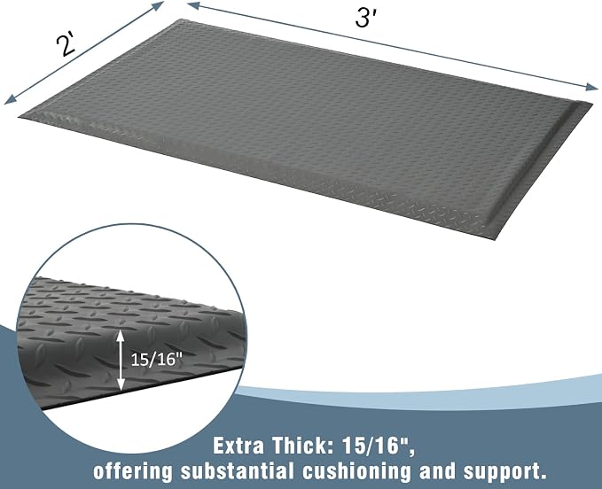Anti Fatigue Mats Industrial 2' x 3' 15/16" Extra Thick Ergonomic Standing Mat Commercial Kitchen Mat Heavy Duty Diamond Plate Shop Floor Mat Helps Relieve Back and Leg Soreness