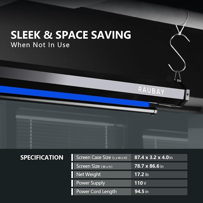 RAUBAY Motorized Pull Down Blue Screen - 78.7" x 86.6" Collapsible Wall-Mount Background for Professional Video Production, Chroma Key Backdrop for YouTube, TikTok, Streaming, Video Conferencing